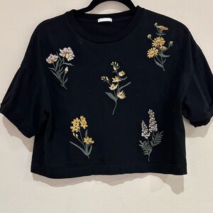 Floral Embroidered Black Crop Top